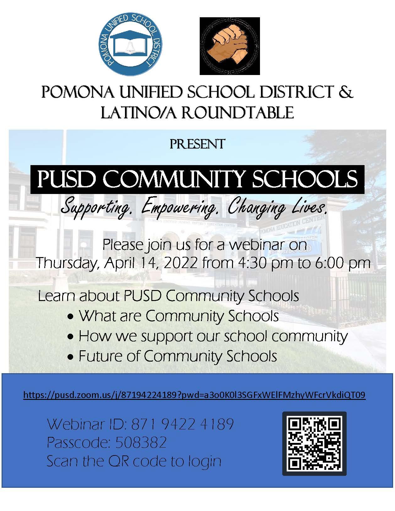 Acompáñenos a un seminario virtual para que conozca sobre las escuelas comunitarias de PUSD el jueves, 14 de abril del 2022 de 4:30 pm a 6:00 pm